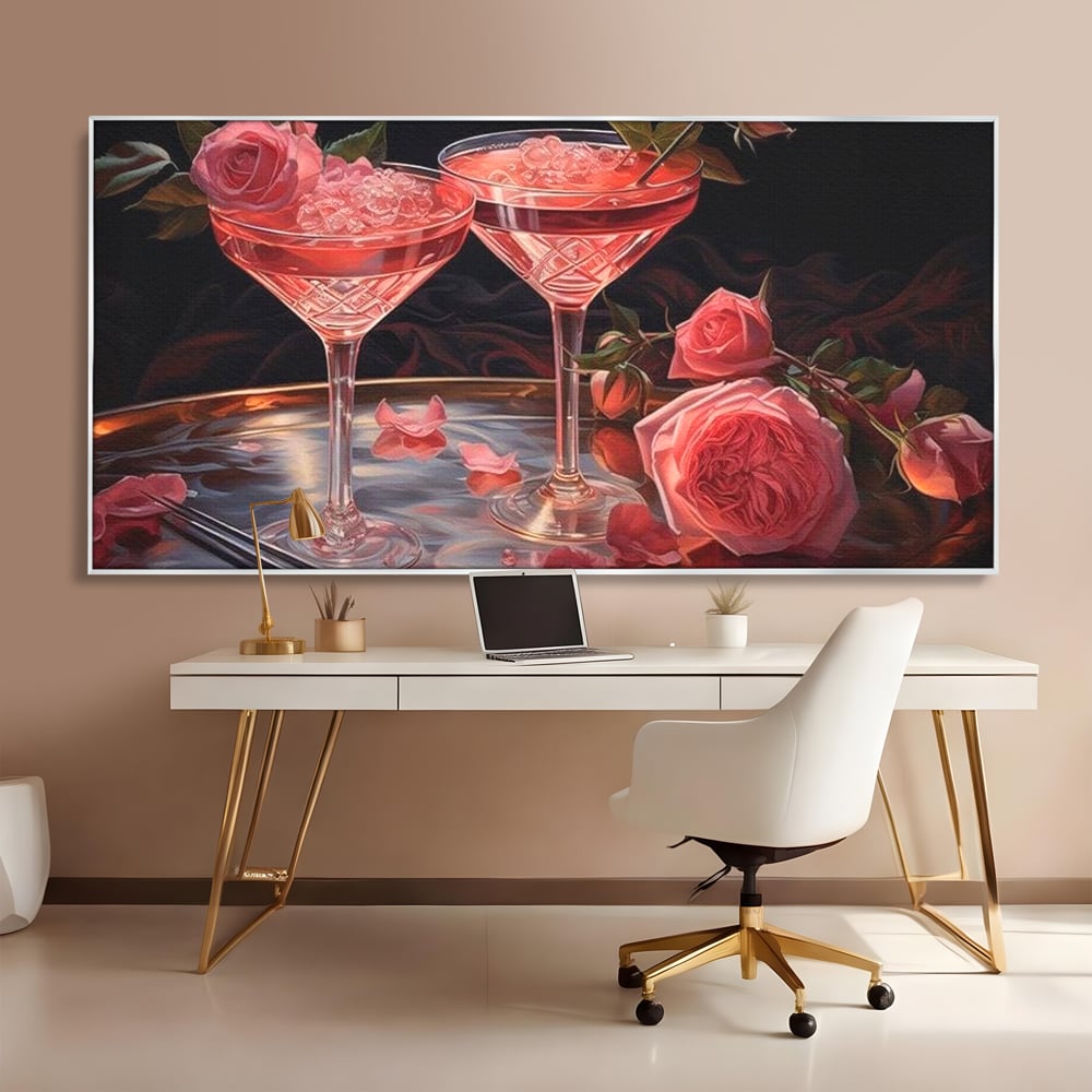 Tablou canvas cu tablou canvas cu pahare de cocktail si trandafiri, in rama de aluminiu argintiu, pe perete intr-un birou